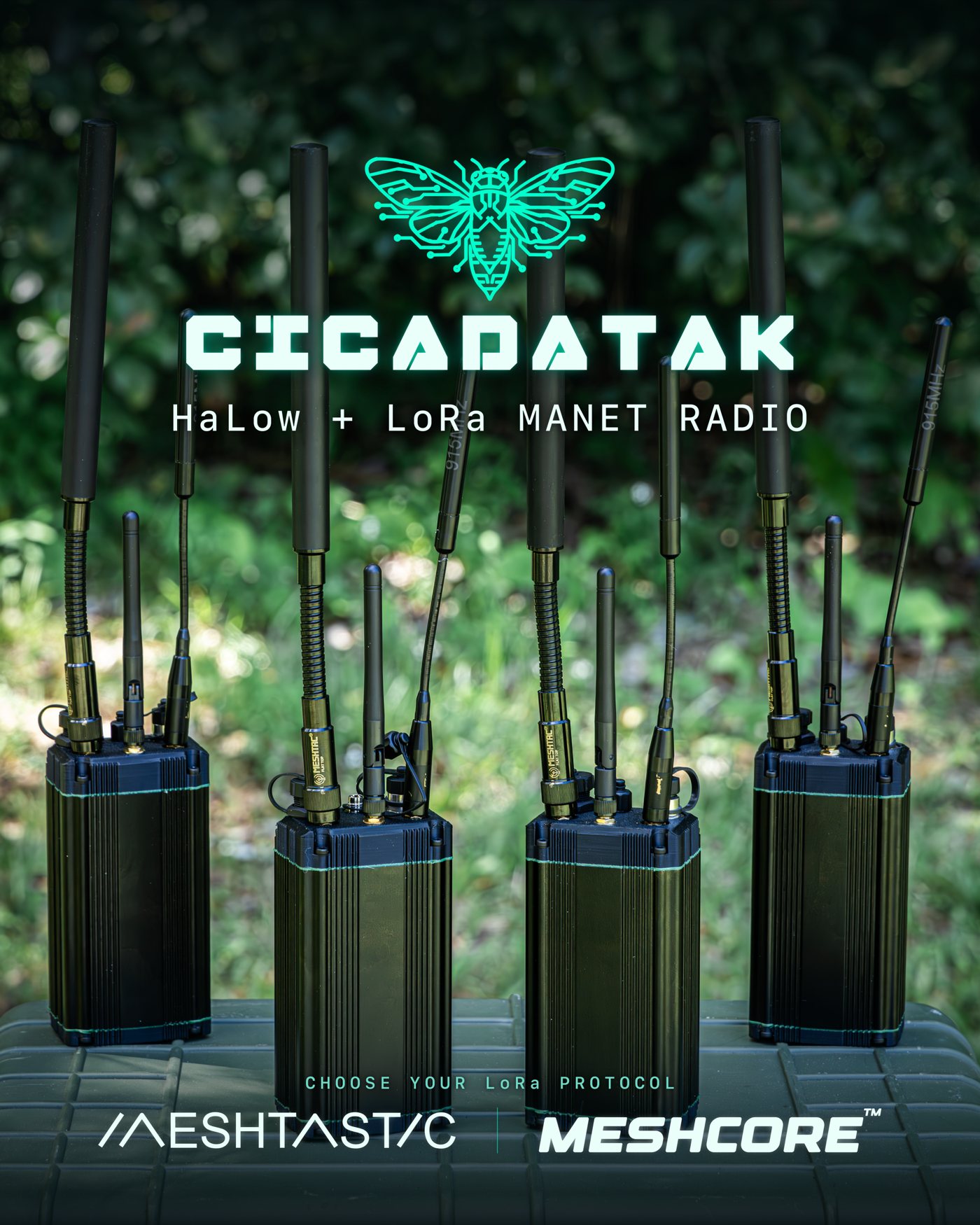 Four CicadaTAK handheld mesh nodes with HaLow and LoRa antennas, outdoors
