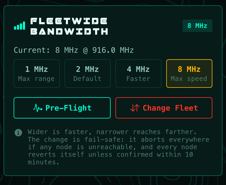The Fleetwide Bandwidth card in Settings: current width 8 megahertz, the four width buttons, Pre-Flight and Change Fleet, and the fail-safe explanation