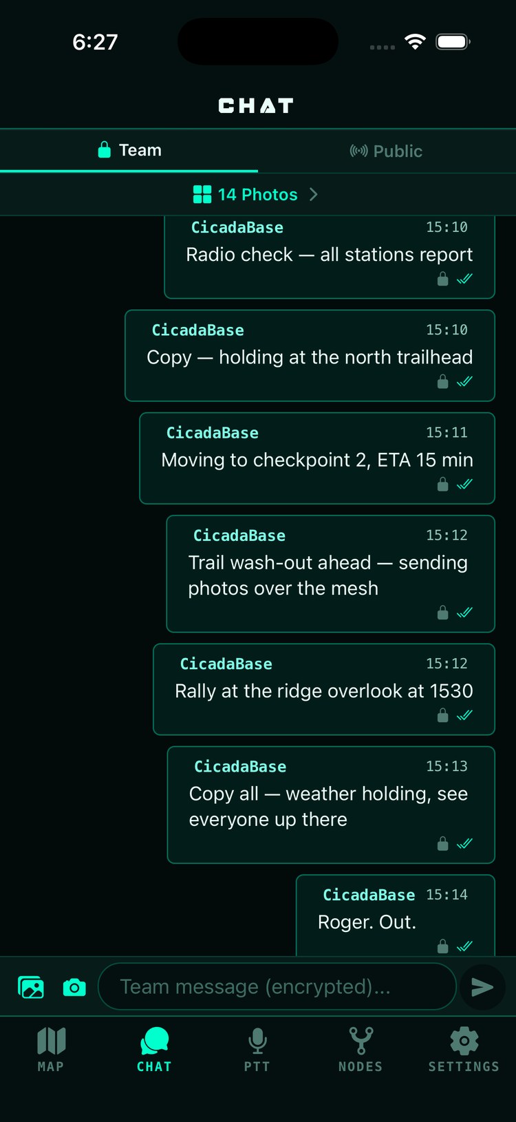 Team chat: encrypted messages with lock icons and delivery double-checks, photo and camera buttons in the composer