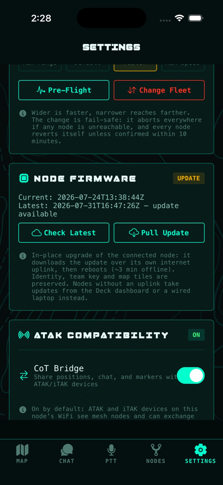 CicadaTAK app — Node Firmware card showing an update available