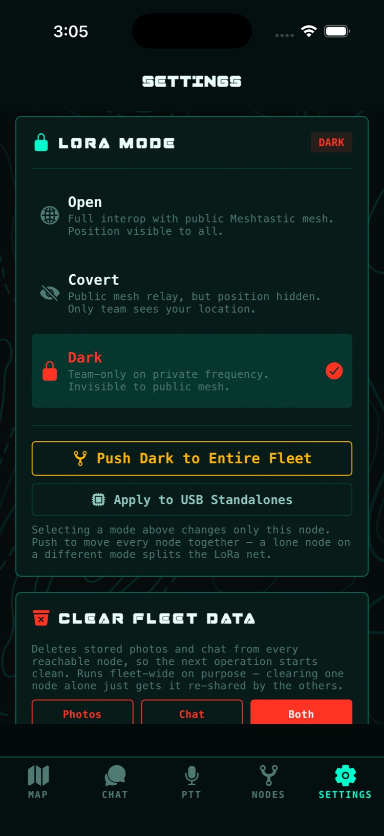 CicadaTAK app — LoRa mode selection: Open, Covert, Dark