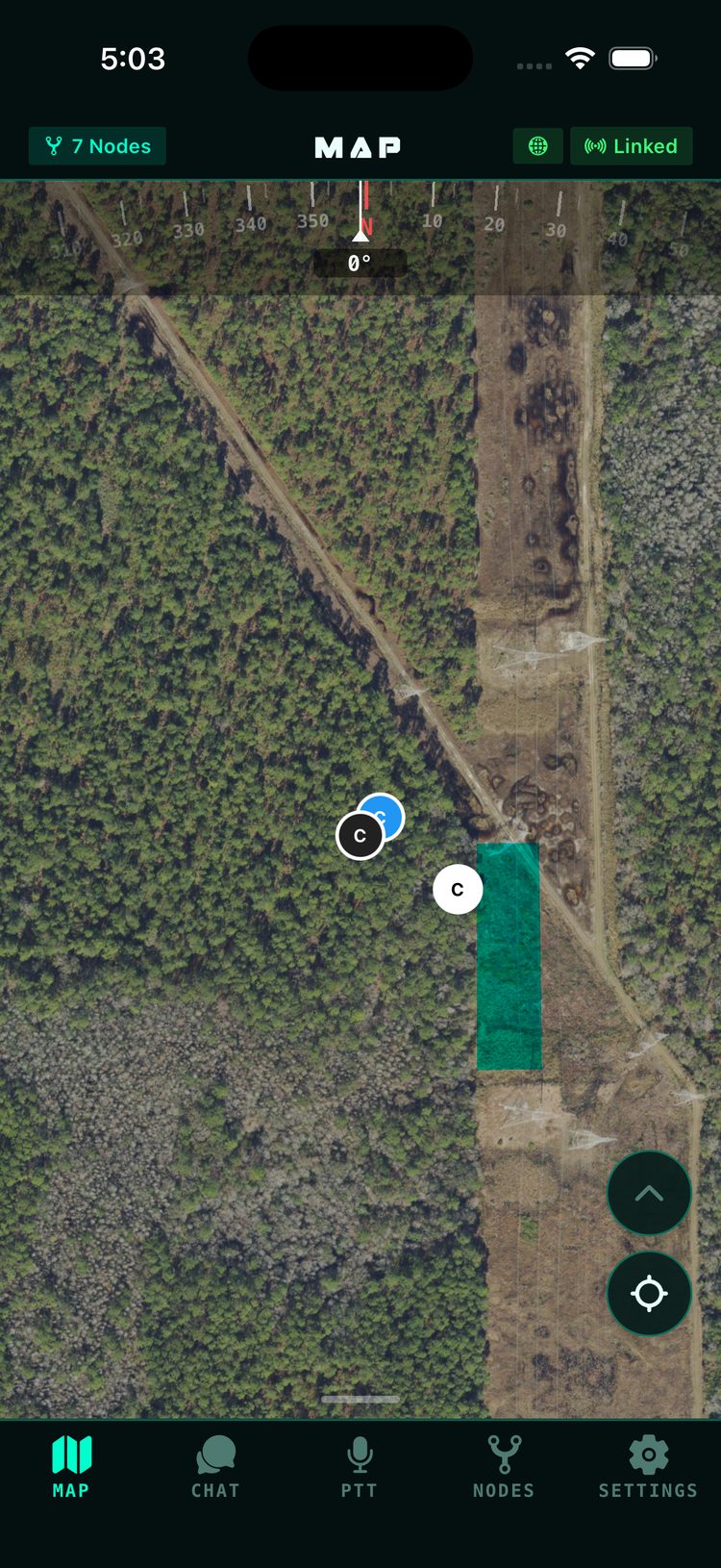 Map tab: offline satellite tiles with three node dots clustered near a trail and a teal geofence zone, compass strip on top