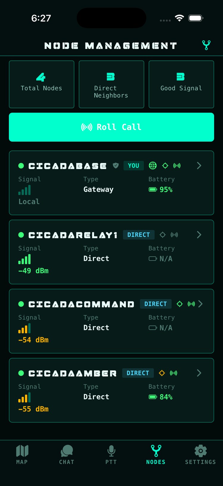 Node Management screen: three nodes with signal bars, battery levels, gateway badge and Roll Call button
