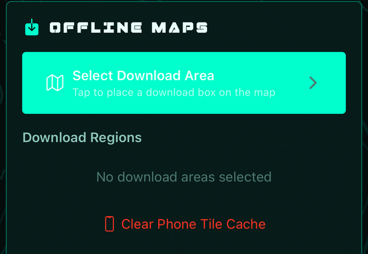 The Offline Maps card in Settings with the Select Download Area button and the download regions list