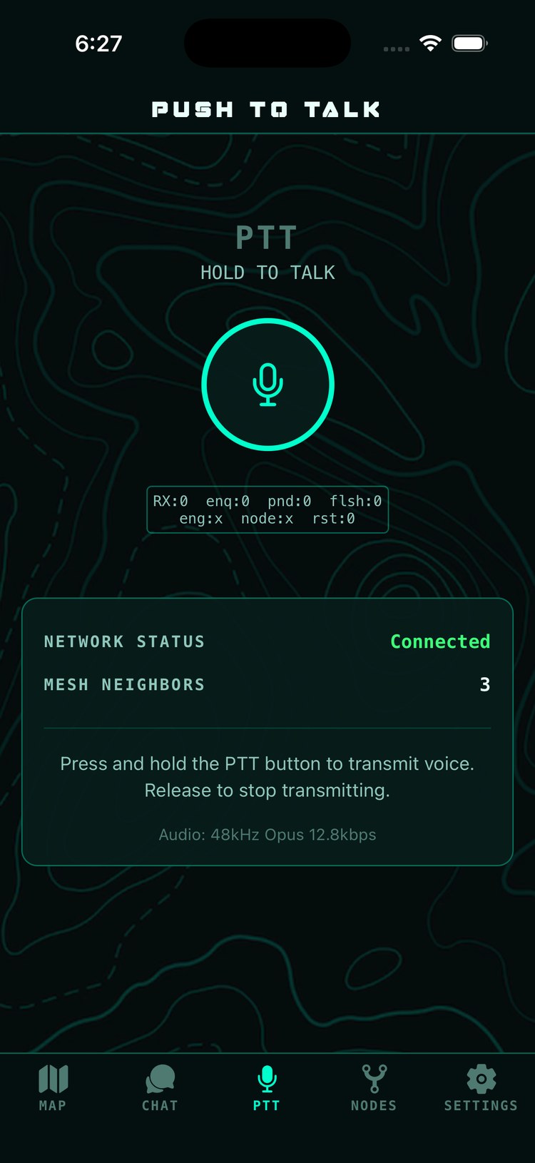Push to Talk screen: large hold-to-talk mic button, network status Connected, two mesh neighbors