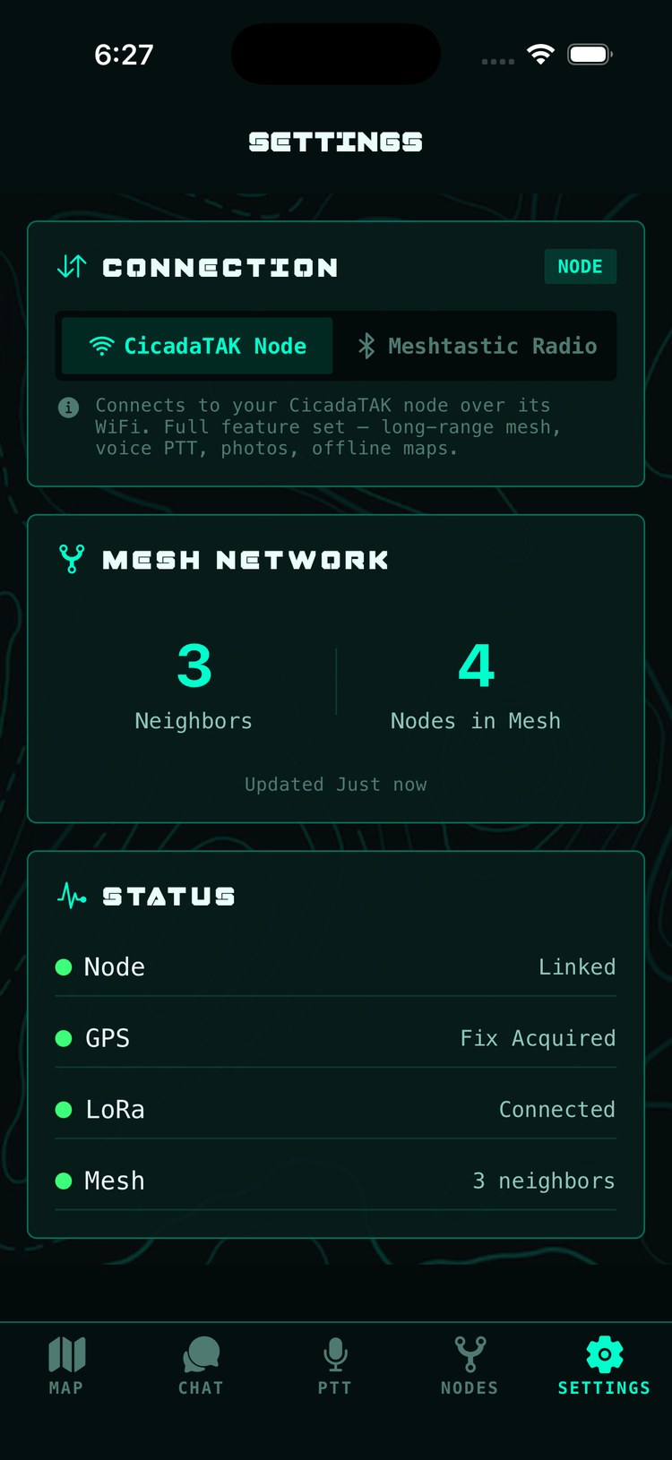 Settings Connection card with the CicadaTAK Node and Meshtastic Radio toggle, mesh network counters and status list