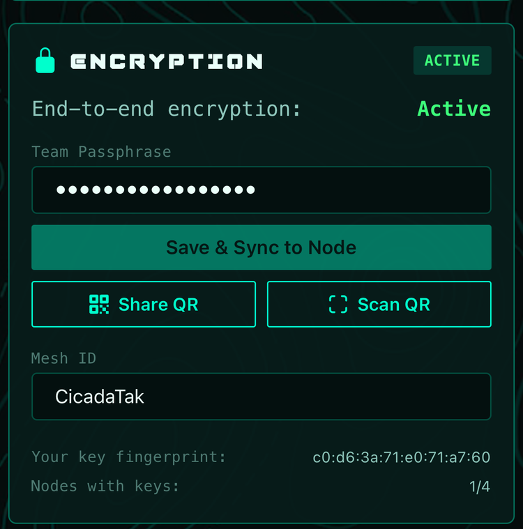 The Encryption card in Settings: team passphrase field, Save and Sync to Node, Share QR and Scan QR buttons