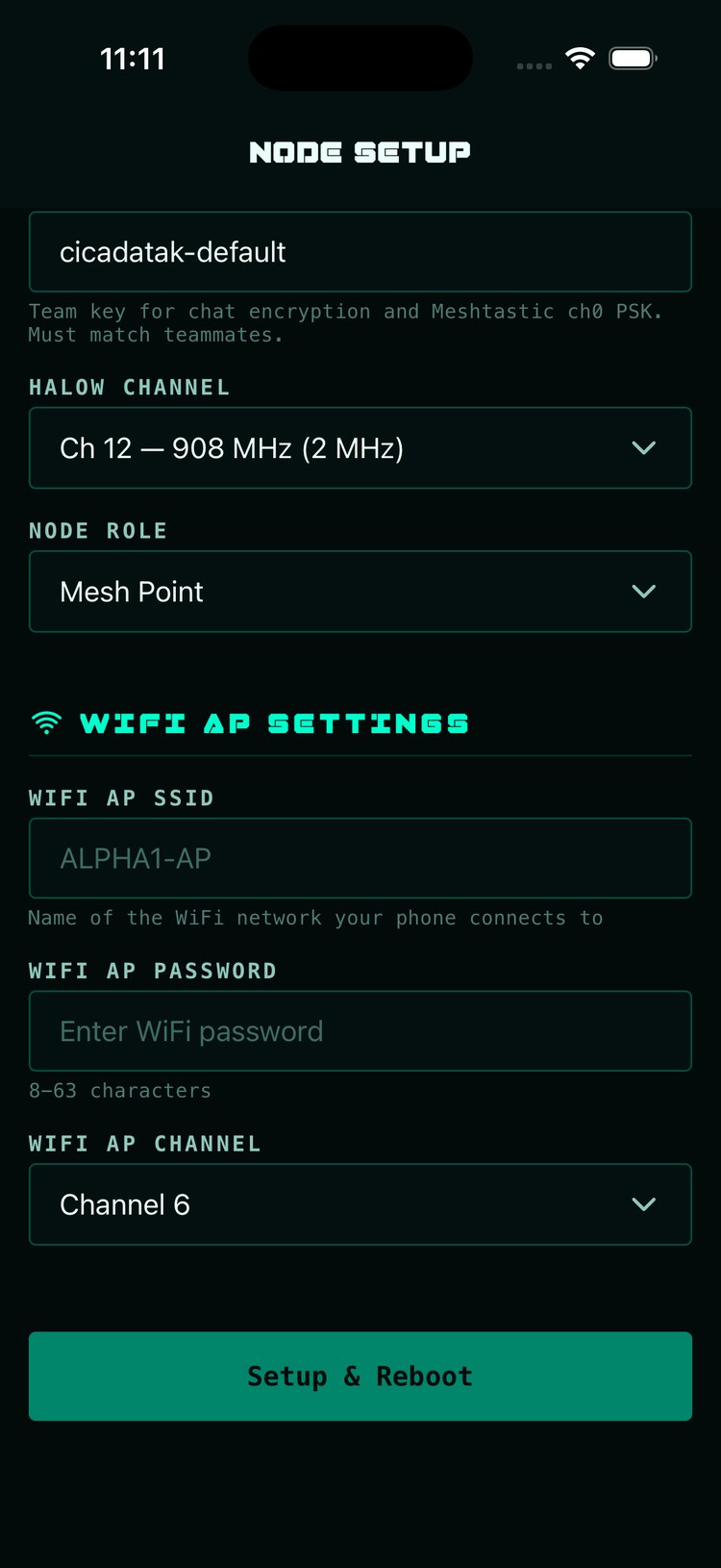 The Node Setup wizard, bottom: HaLow channel and node role pickers, WiFi AP name, password and channel, and the Setup and Reboot button