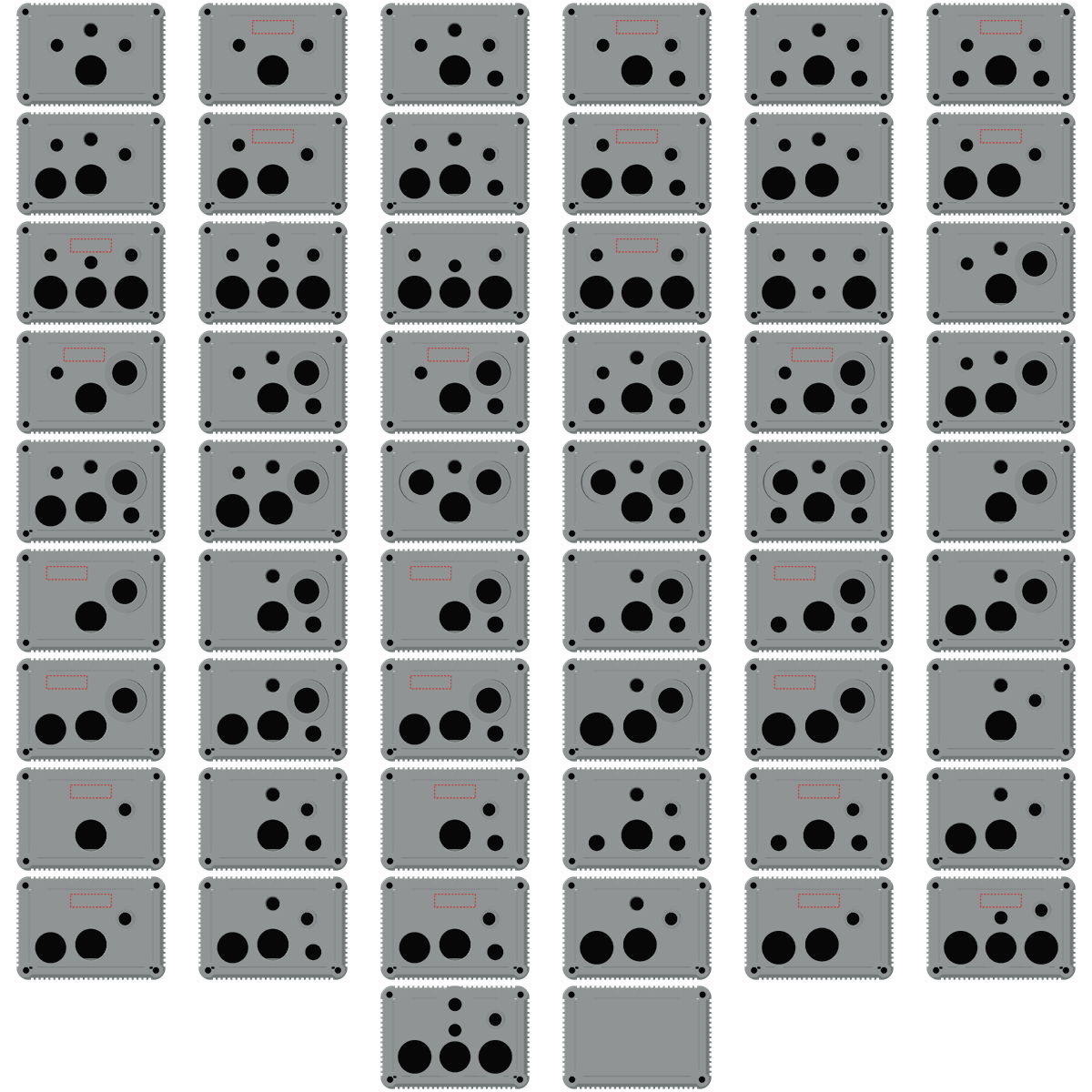 The 56 sled layouts of the printable housing, rendered face on and arranged in a grid